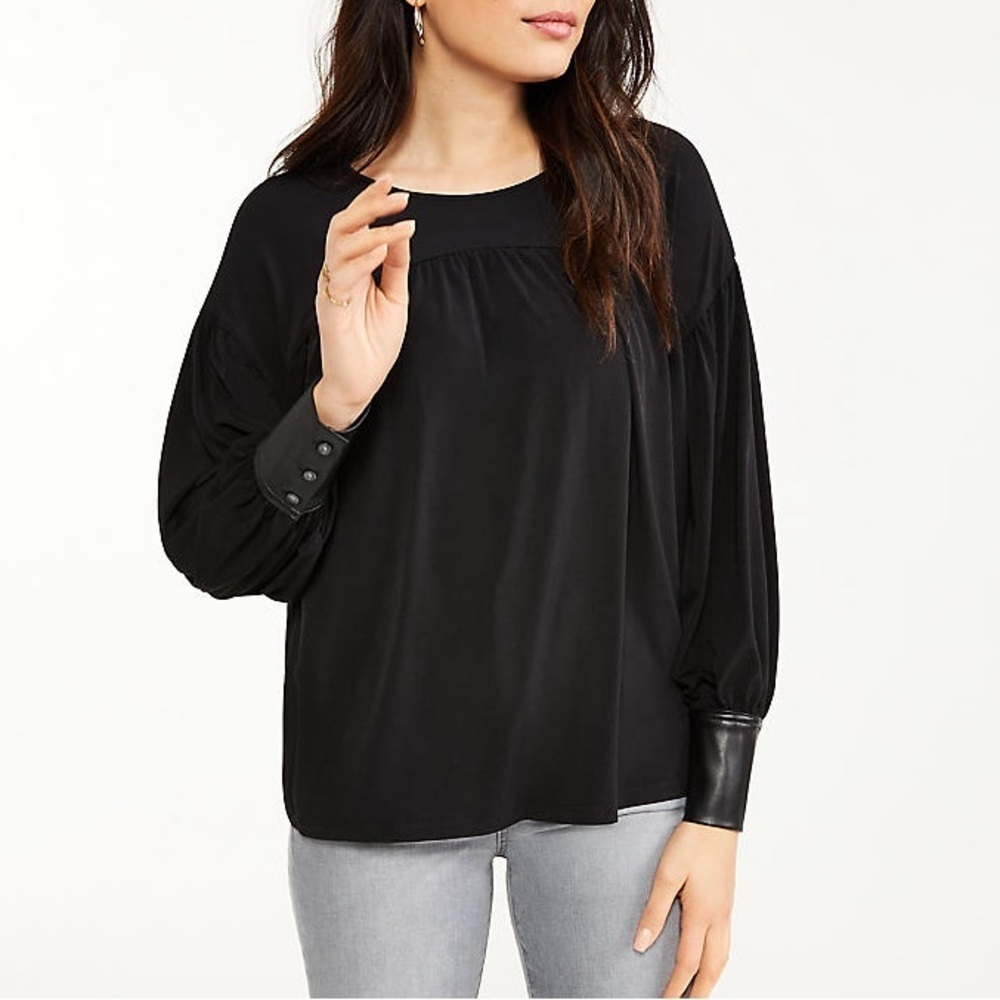 Ann Taylor Black Long Sleeve Faux Leather Cuff Top Size Medium